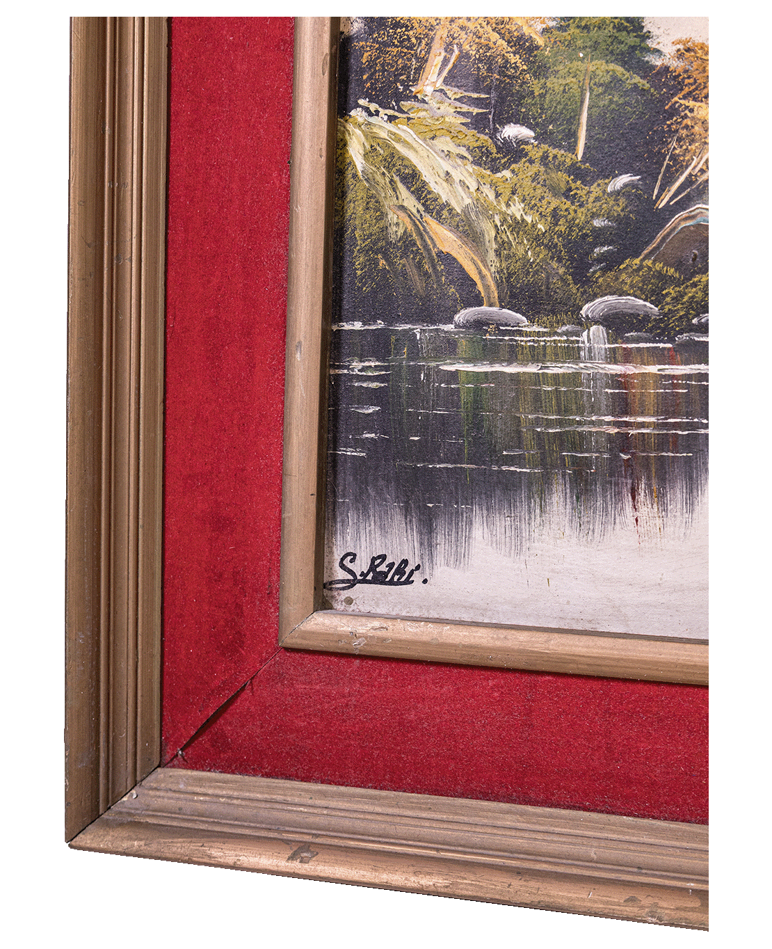 Mountain Lakeside – Signed Landscape Painting in a Passe-Partout Wood Frame - Image 4